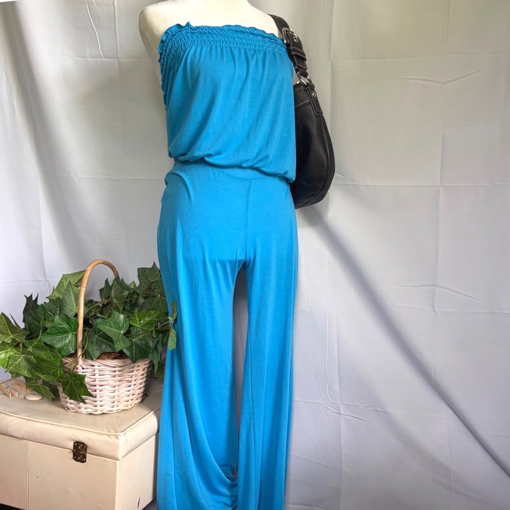Y2K Club rue21 Blue Strapless Smocked Tube Top Wide Leg Jumpsuit Small Turquoise